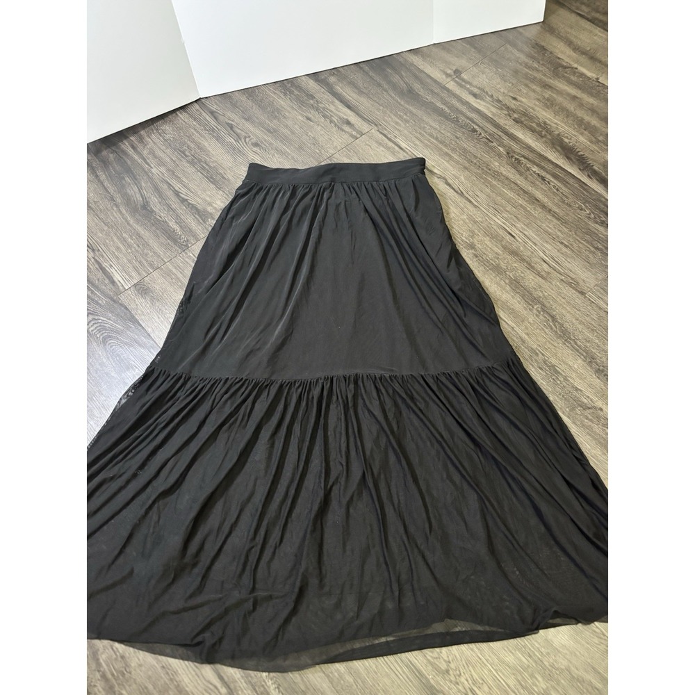 NY&C New York & Company Black Mesh Tiered Maxi Skirt Medium Side Zip Lined Y2K